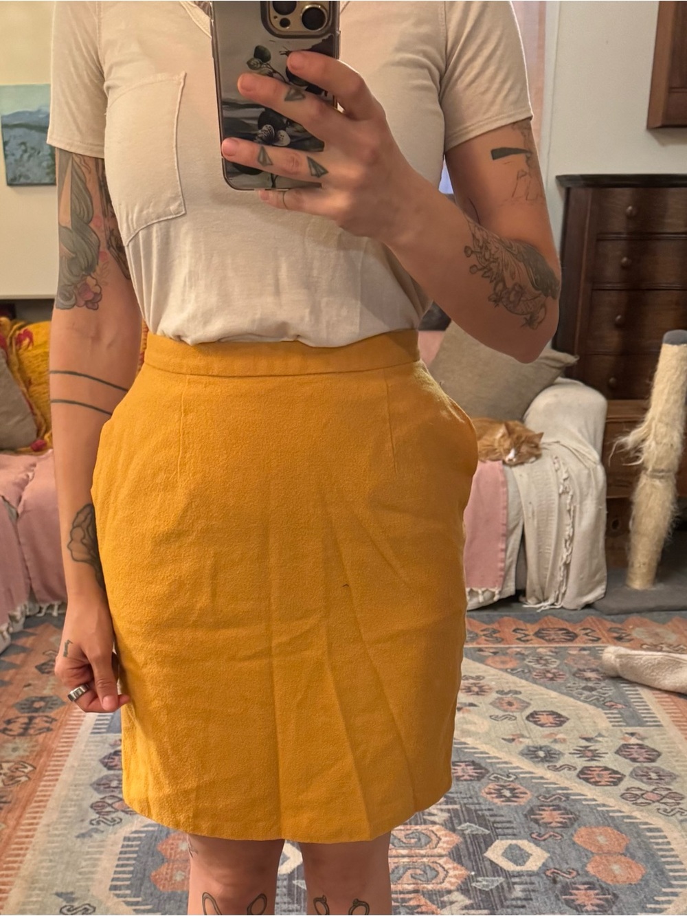 Vintage High-Waist Wool Mustard Yellow Women's Pencil Skirt